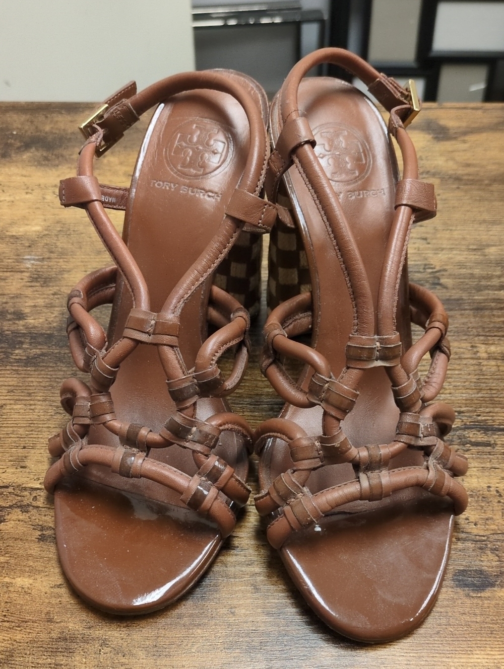 Tory Burch Brown Knotted Leather Slingback Heels